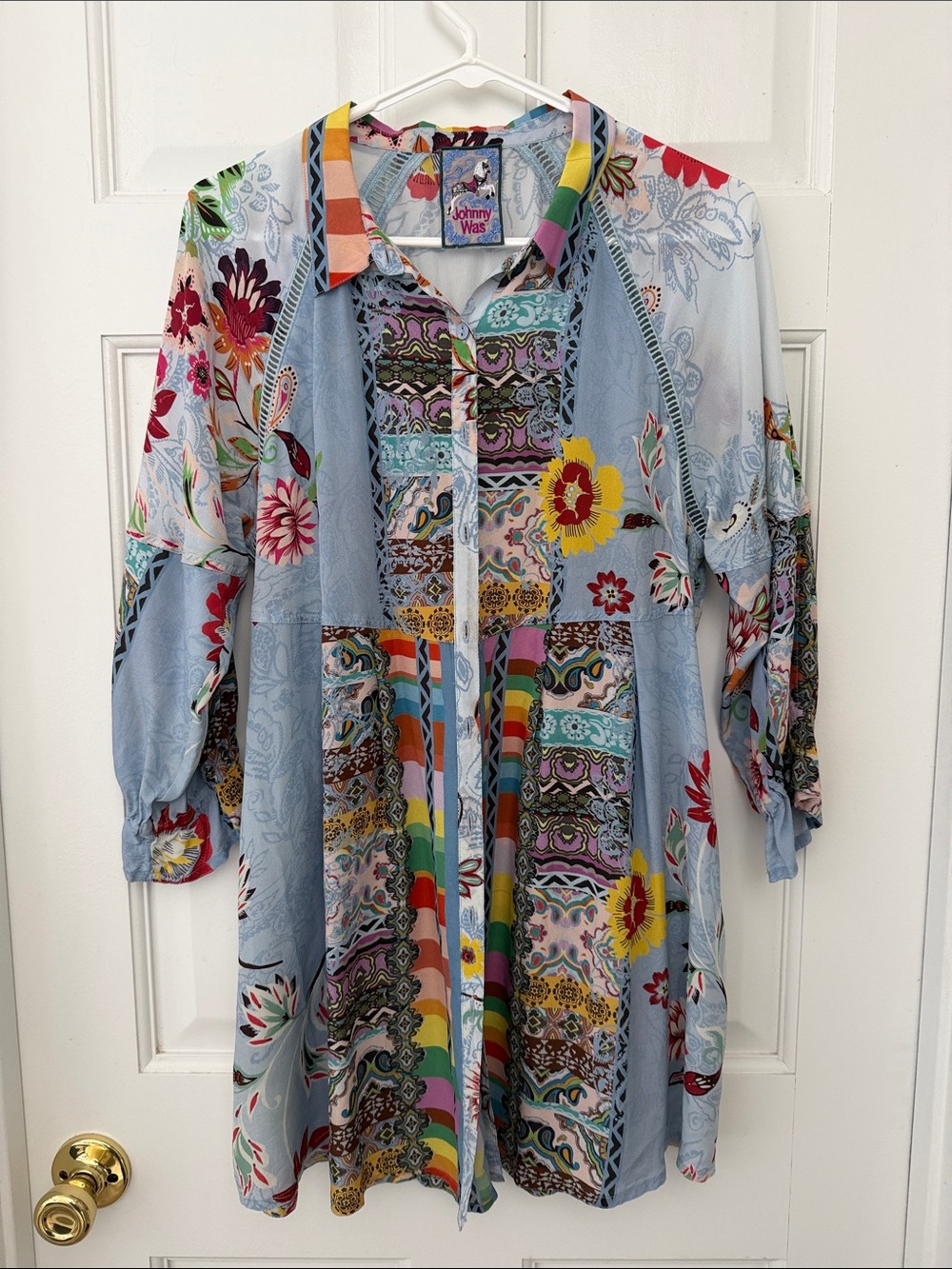 Johnny Was Light Blue Multi-Color Floral Patchwork Blouse/Blazer